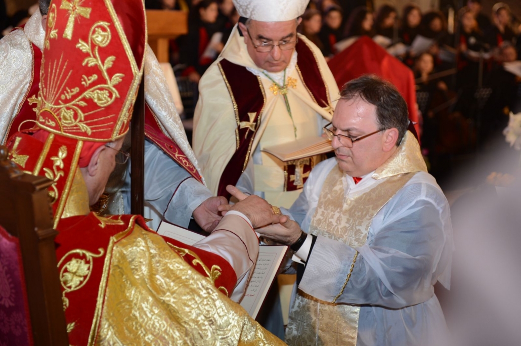 Ritual exchange during Bishop Paul-Marwan Tabet's ordination ceremony in Lebanon